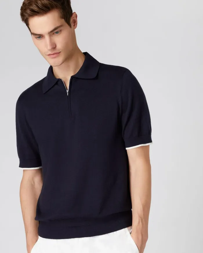 NPeal Half and Full Zip Knitwear Men Polo Zip Cotton Cashmere TShirt Navy Blue