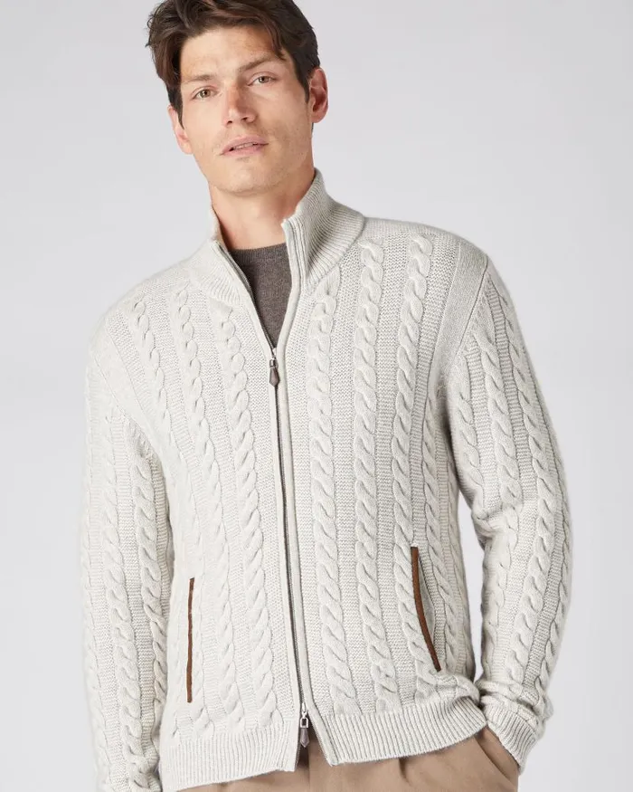 NPeal Half and Full Zip Knitwear Men Richmond Cable Cashmere Cardigan Pebble Grey