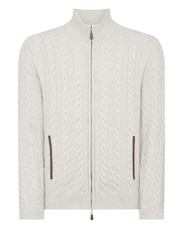 NPeal Half and Full Zip Knitwear Men Richmond Cable Cashmere Cardigan Pebble Grey