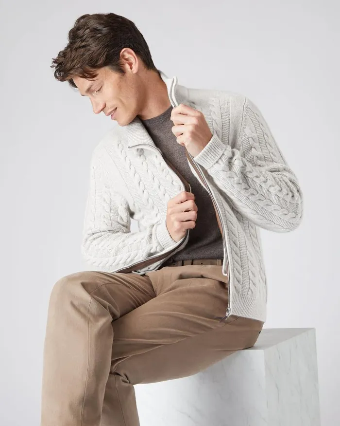 NPeal Half and Full Zip Knitwear Men Richmond Cable Cashmere Cardigan Pebble Grey