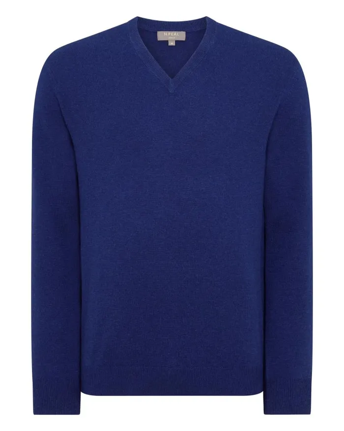 NPeal Jumpers Men Burlington V Neck Cashmere Jumper Sapphire Blue