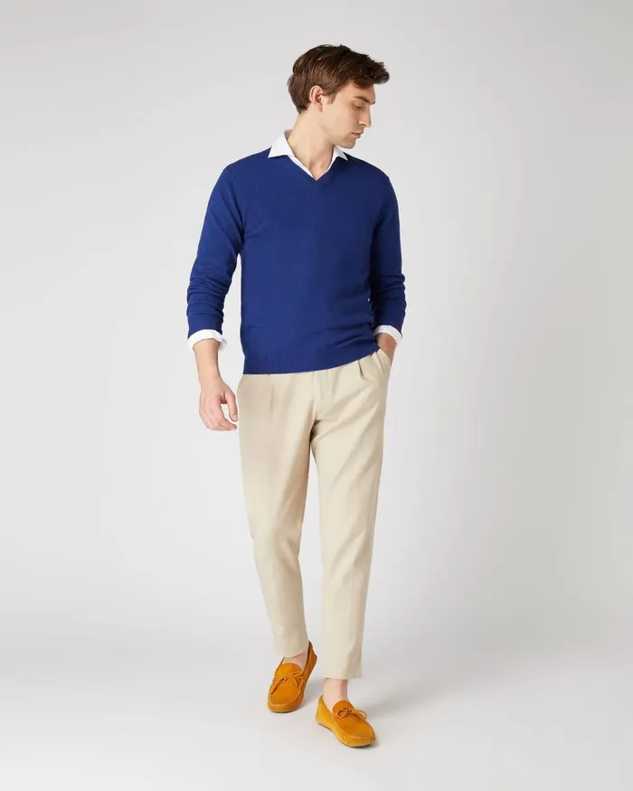 NPeal Jumpers Men Burlington V Neck Cashmere Jumper Sapphire Blue