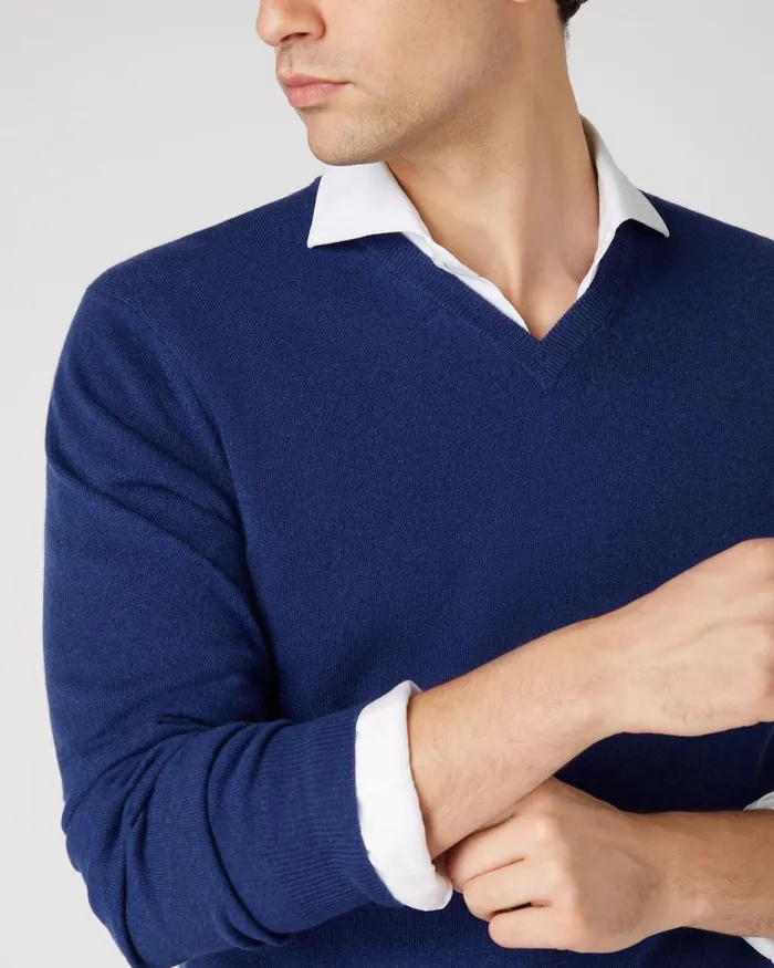 NPeal Jumpers Men Burlington V Neck Cashmere Jumper Sapphire Blue