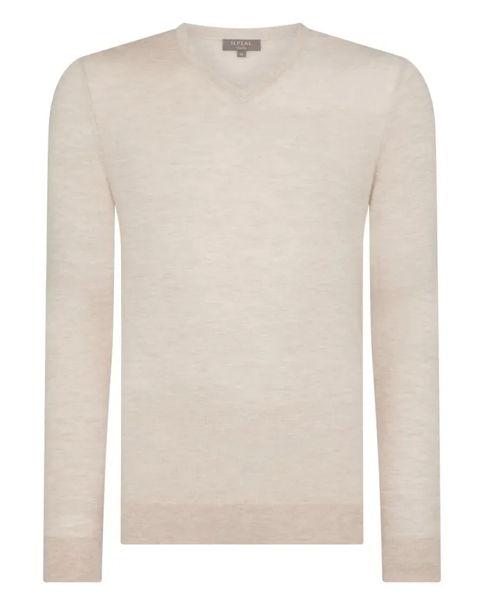 NPeal Jumpers Men Conduit Fine Gauge Cashmere V Neck Jumper Sandstone Brown