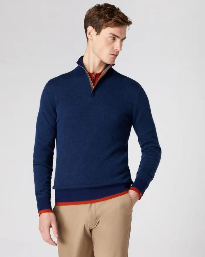 NPeal Jumpers Men Fine Gauge Cashmere Pattern Half Zip Jumper French Blue