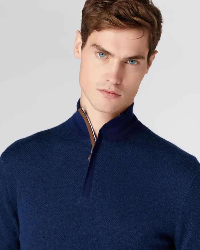 NPeal Jumpers Men Fine Gauge Cashmere Pattern Half Zip Jumper French Blue