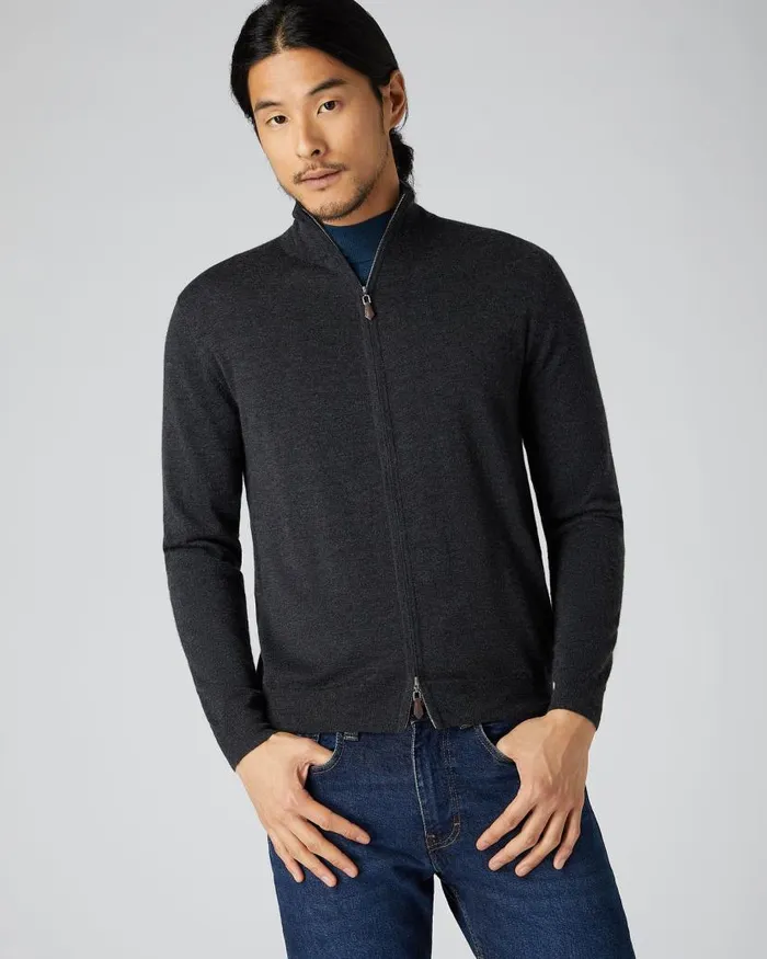 NPeal Jumpers Men Hyde Fine Gauge Cashmere Full Zip Jumper Dark Charcoal Grey