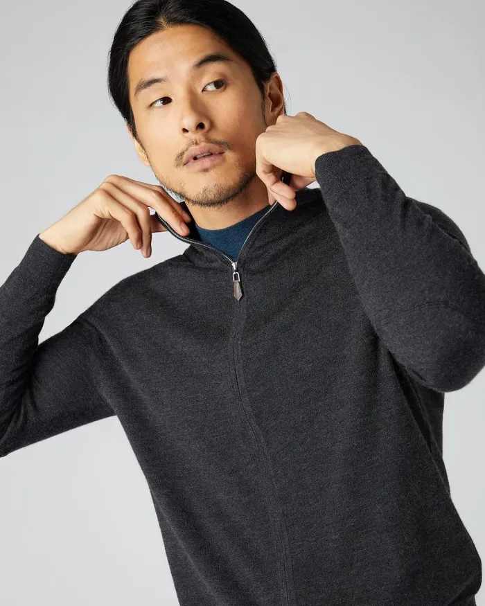 NPeal Jumpers Men Hyde Fine Gauge Cashmere Full Zip Jumper Dark Charcoal Grey