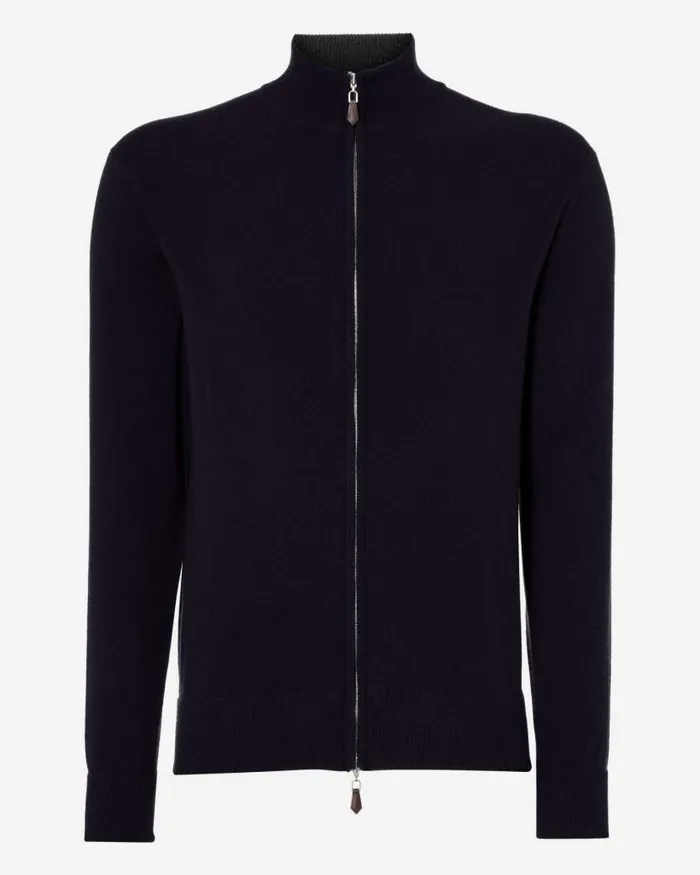 NPeal Jumpers Men Knightsbridge Full Zip Cashmere Jumper Navy Blue