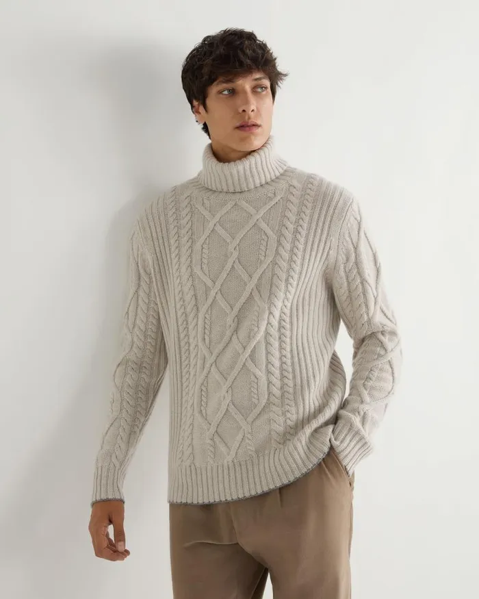 NPeal Jumpers Men Portobello Cable Roll Neck Cashmere Jumper Pebble Grey