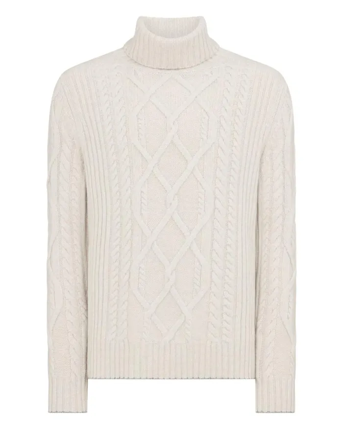 NPeal Jumpers Men Portobello Cable Roll Neck Cashmere Jumper Pebble Grey