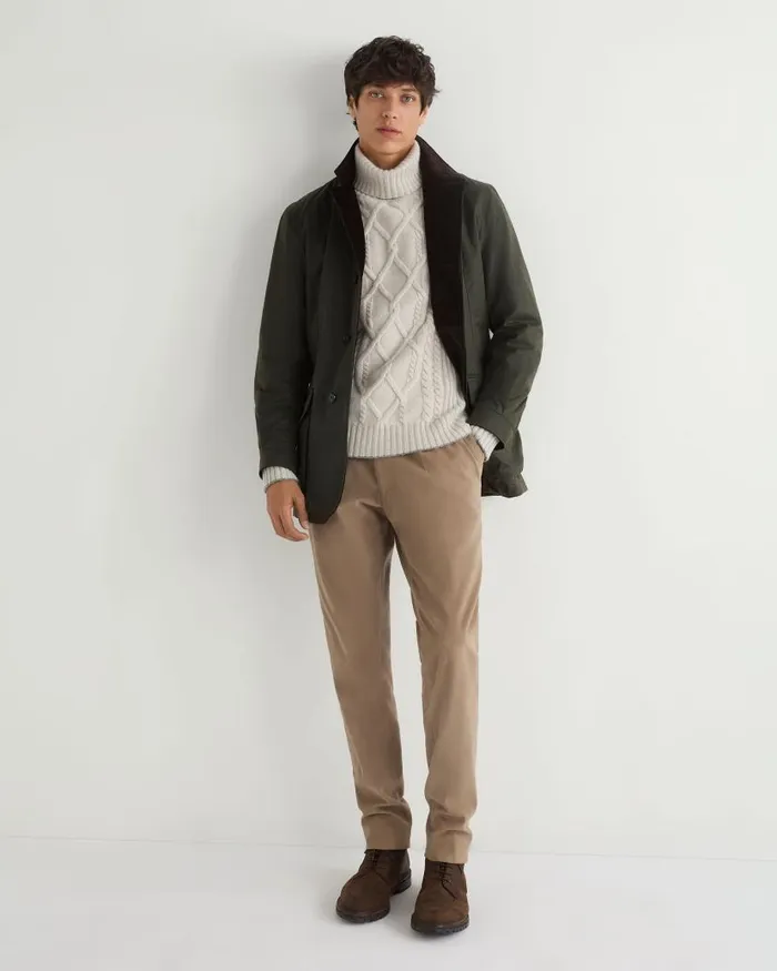 NPeal Jumpers Men Portobello Cable Roll Neck Cashmere Jumper Pebble Grey
