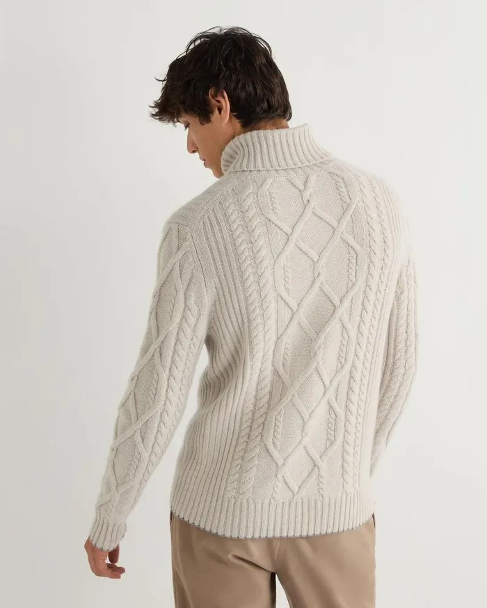 NPeal Jumpers Men Portobello Cable Roll Neck Cashmere Jumper Pebble Grey