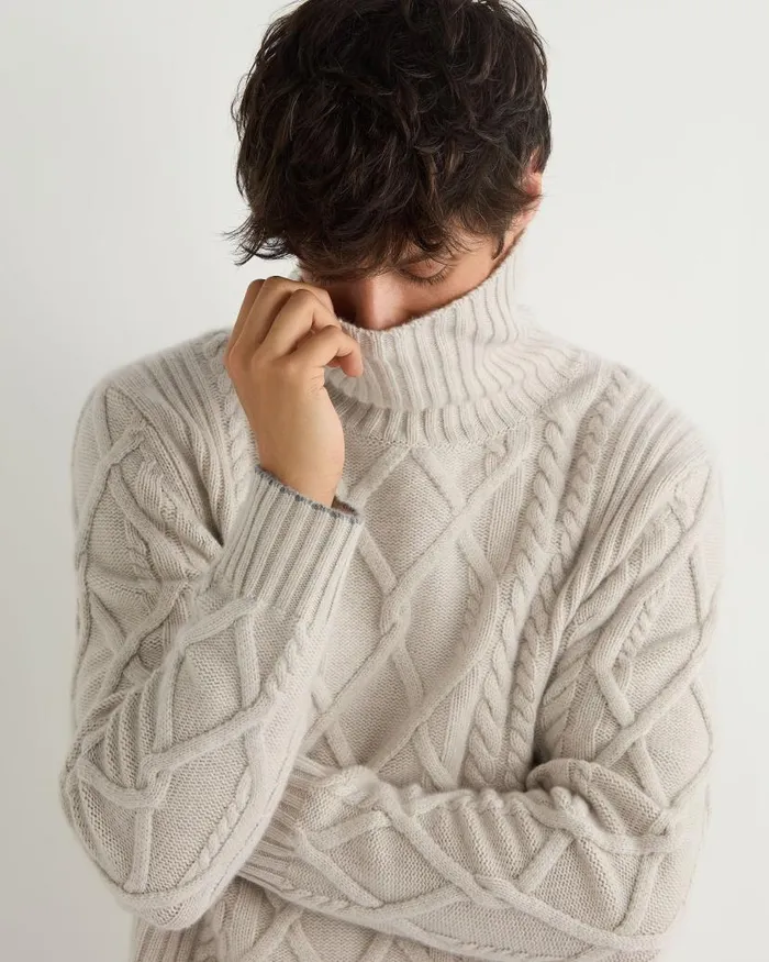 NPeal Jumpers Men Portobello Cable Roll Neck Cashmere Jumper Pebble Grey