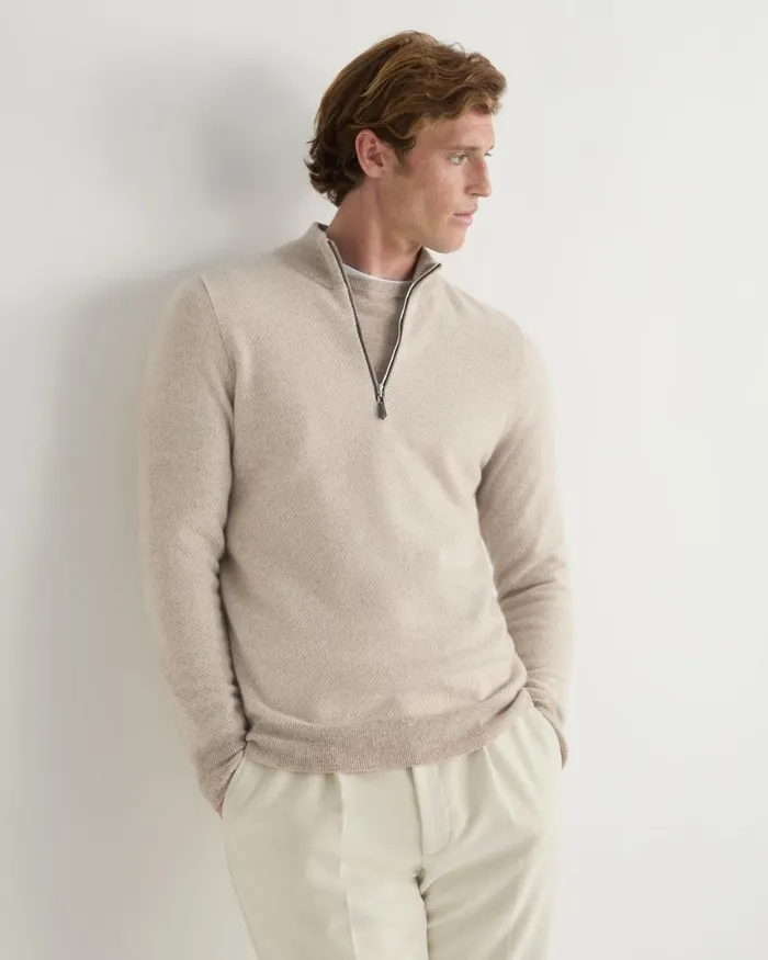 NPeal Jumpers Men Temple Jacquard Half Zip Cashmere Jumper Toasted Sesame Brown