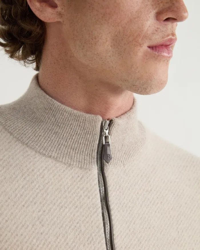 NPeal Jumpers Men Temple Jacquard Half Zip Cashmere Jumper Toasted Sesame Brown