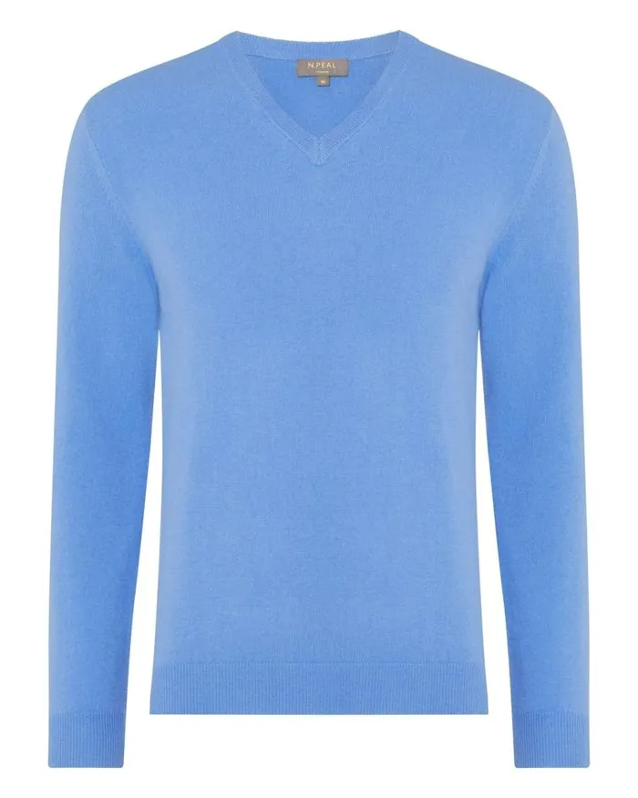NPeal Jumpers Men The Burlington V Neck Cashmere Jumper Atlas Blue