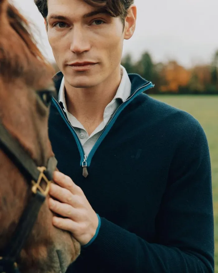 NPeal Jumpers Men The Jockey Club Half Zip Cashmere Jumper Navy Blue