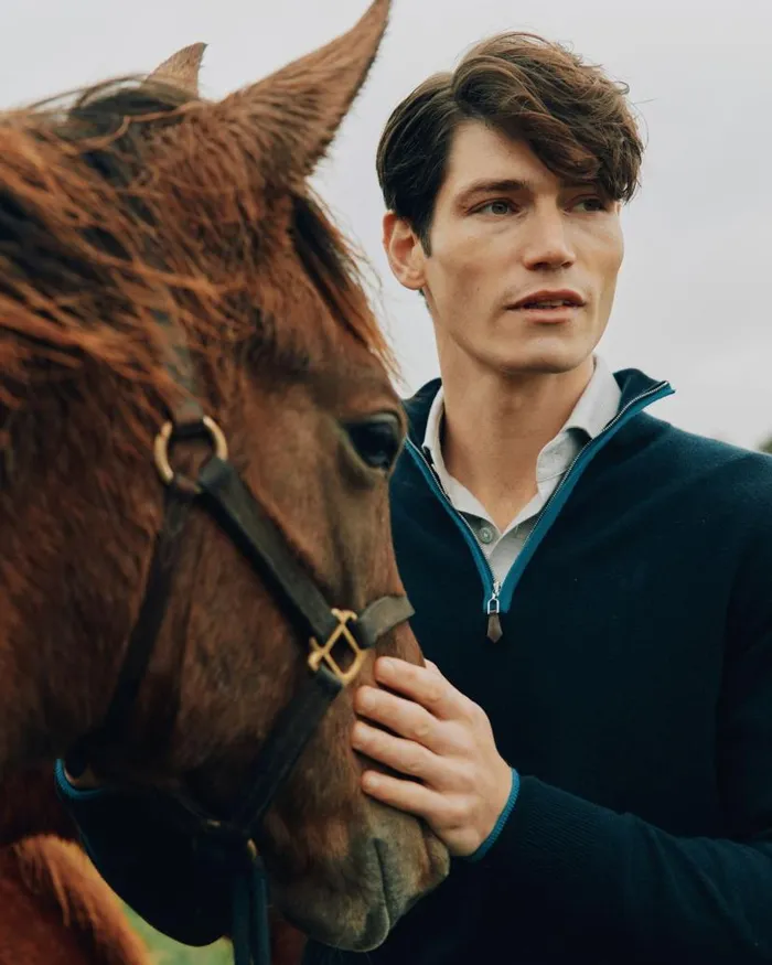 NPeal Jumpers Men The Jockey Club Half Zip Cashmere Jumper Navy Blue