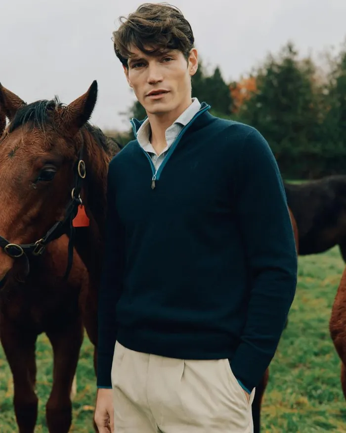 NPeal Jumpers Men The Jockey Club Half Zip Cashmere Jumper Navy Blue