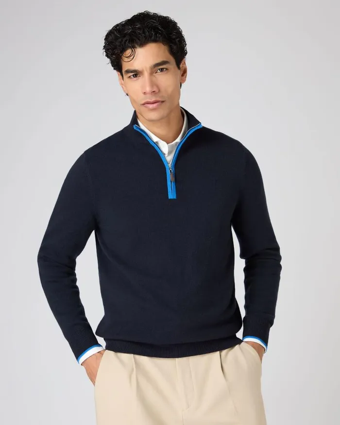 NPeal Jumpers Men The Jockey Club Half Zip Cashmere Jumper Navy Blue