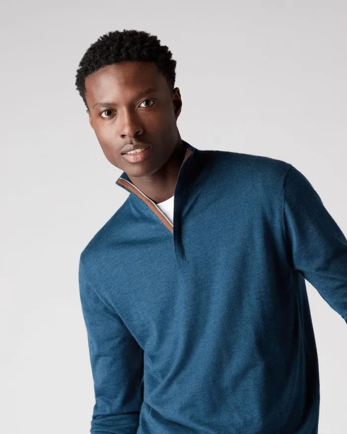 NPeal Jumpers Men The Regent Fine Gauge Cashmere Half Zip Jumper Lapis Blue