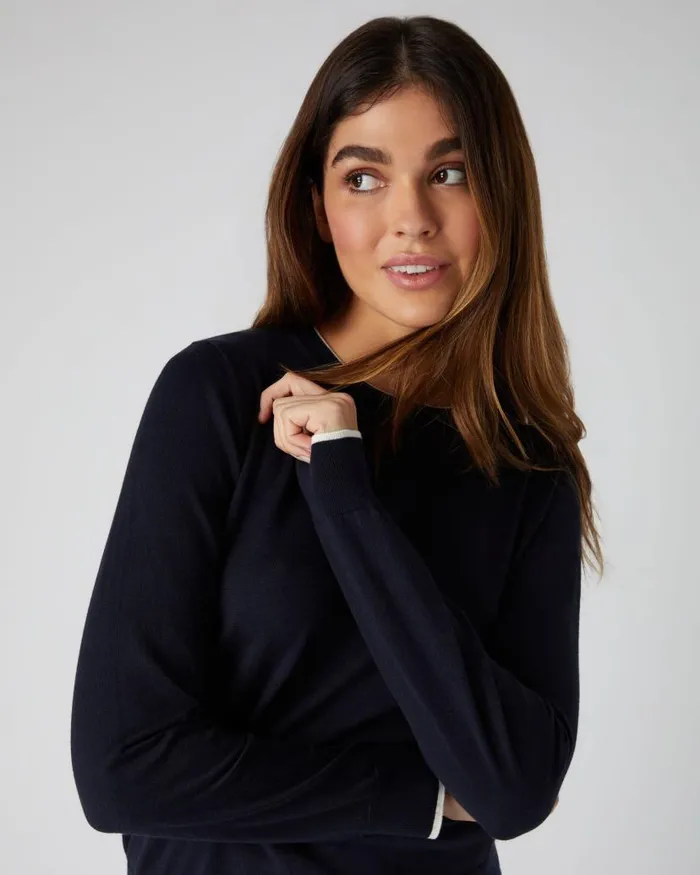 NPeal Jumpers Women Cotton Cashmere Round Neck Jumper Navy Blue