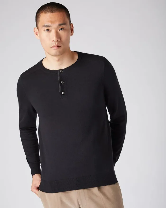 NPeal Polos and Tshirts Men Round Neck Cotton Cashmere Henley Black