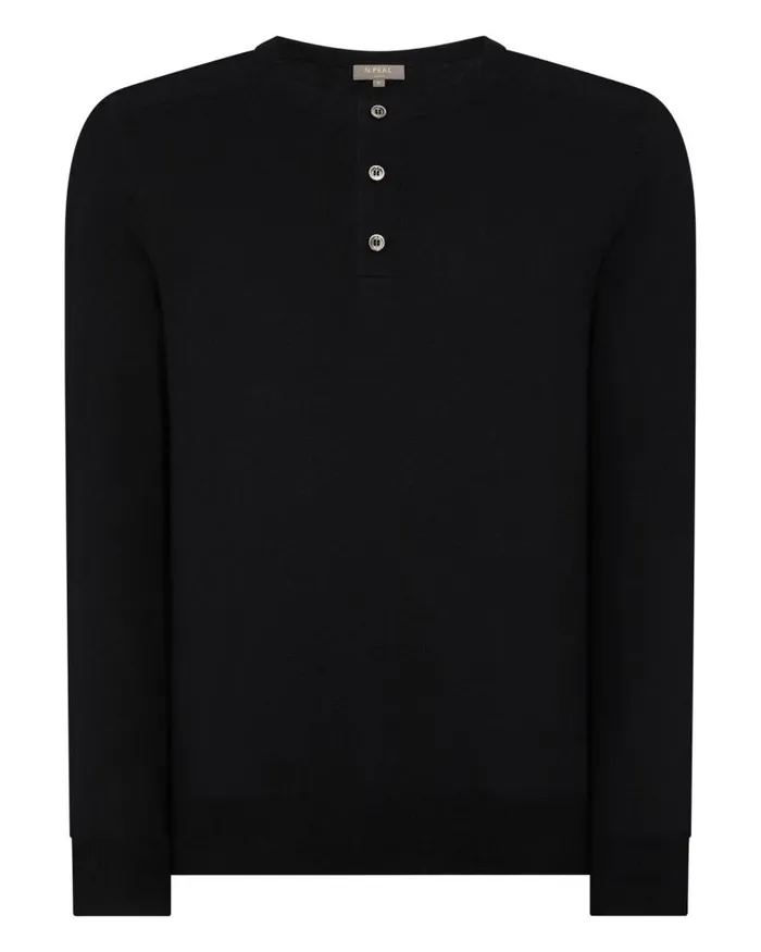 NPeal Polos and Tshirts Men Round Neck Cotton Cashmere Henley Black