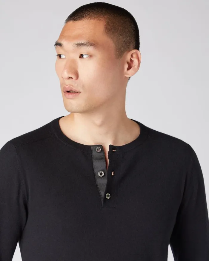 NPeal Polos and Tshirts Men Round Neck Cotton Cashmere Henley Black