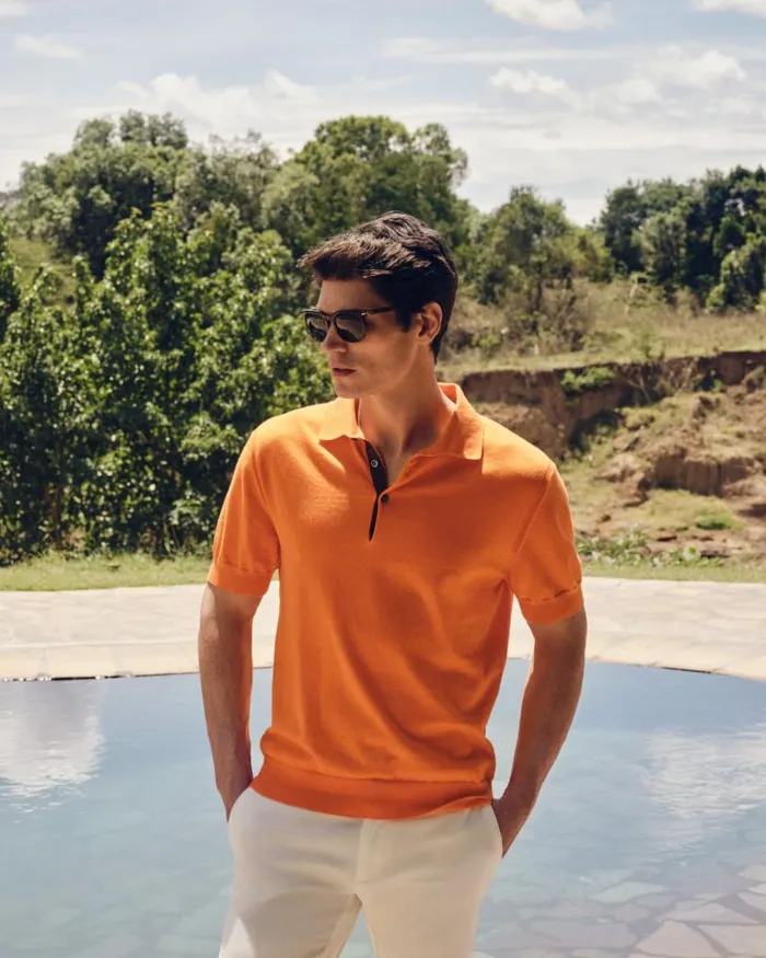 NPeal Polos and Tshirts Men Short Sleeve Cotton Cashmere Polo T Shirt Tangerine Orange