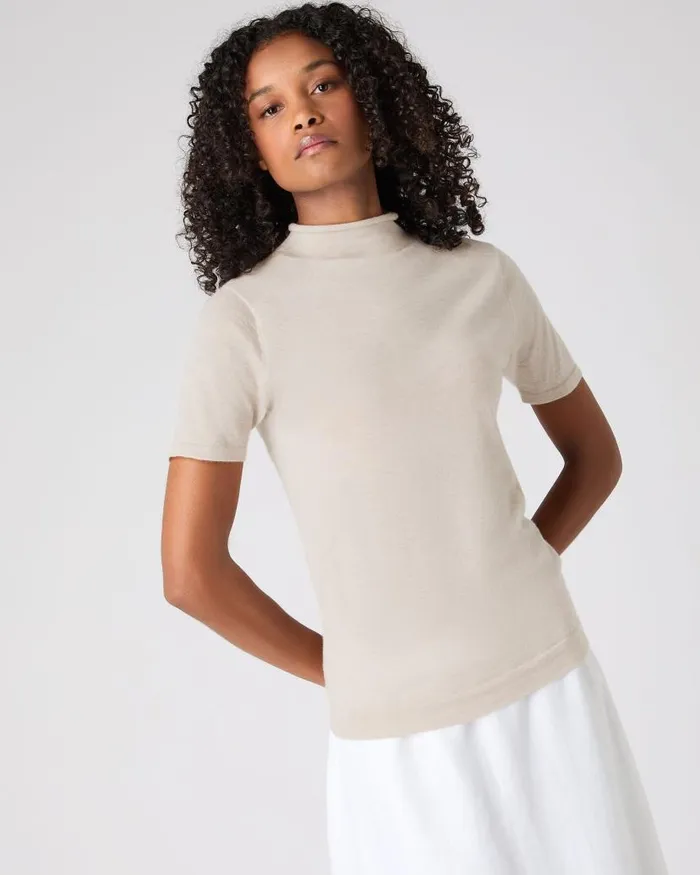NPeal Tops and Tshirts Women Rosie Superfine Cashmere Mock Neck TShirt Sandstone Brown