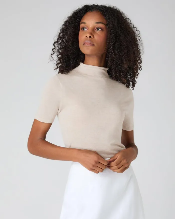NPeal Tops and Tshirts Women Rosie Superfine Cashmere Mock Neck TShirt Sandstone Brown