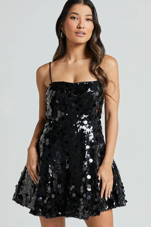 Nikola Mini Dress 8211 Fit And Flare Sequins Dress In Black Women Showpo Dresses