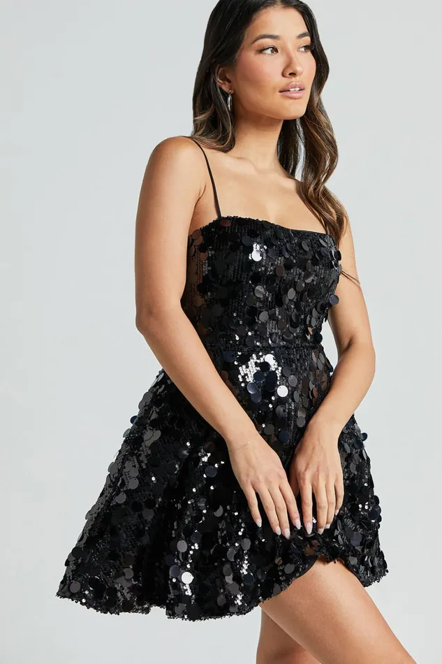 Nikola Mini Dress 8211 Fit And Flare Sequins Dress In Black Women Showpo Dresses