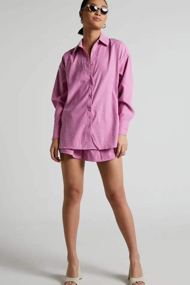 Niobe Shirt 8211 Relaxed Button Up Long Sleeve Shirt In Pink Women Showpo Tops