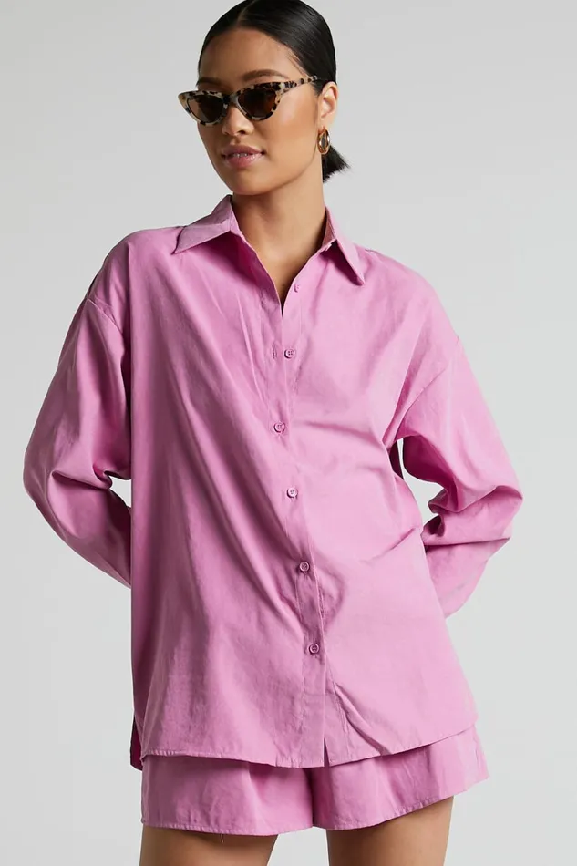 Niobe Shirt 8211 Relaxed Button Up Long Sleeve Shirt In Pink Women Showpo Tops