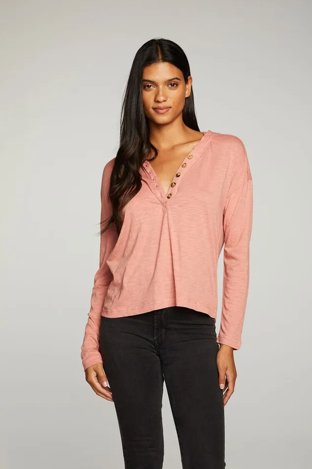 Outerwear Chaser Brand Womens Gauze Jersey Long Sleeve Henley Hoodie