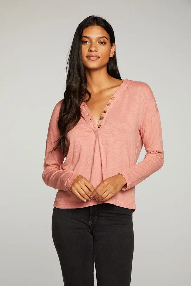 Outerwear Chaser Brand Womens Gauze Jersey Long Sleeve Henley Hoodie
