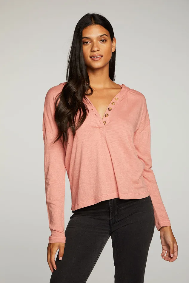 Outerwear Chaser Brand Womens Gauze Jersey Long Sleeve Henley Hoodie