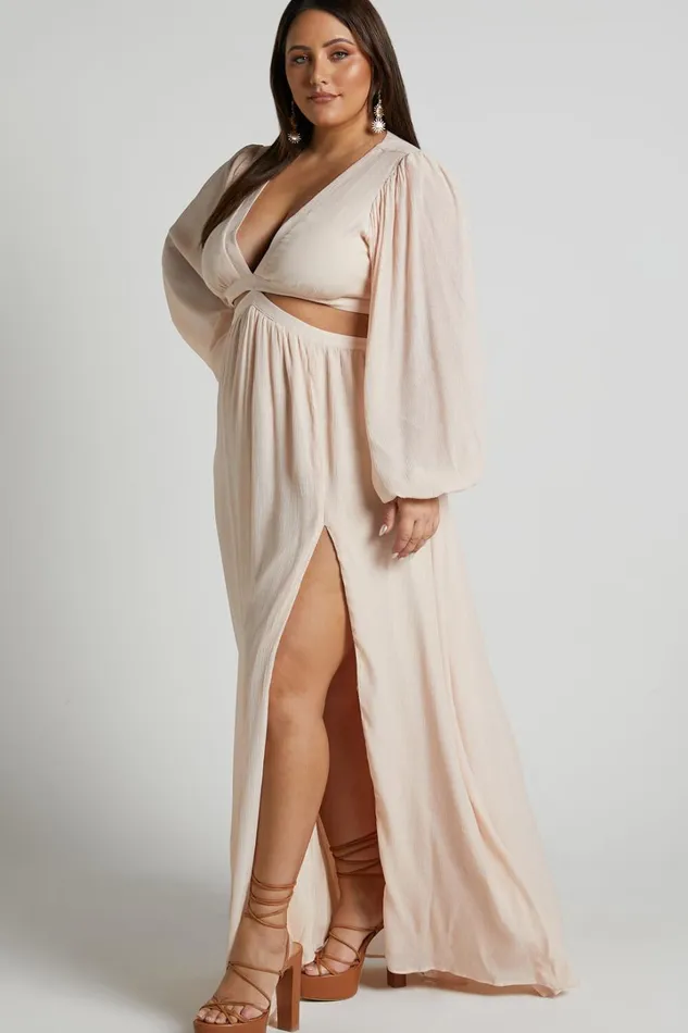 Paige Maxi Dress 8211 Side Cut Out Balloon Sleeve Dress In Neutral Women Showpo Curve Clothes