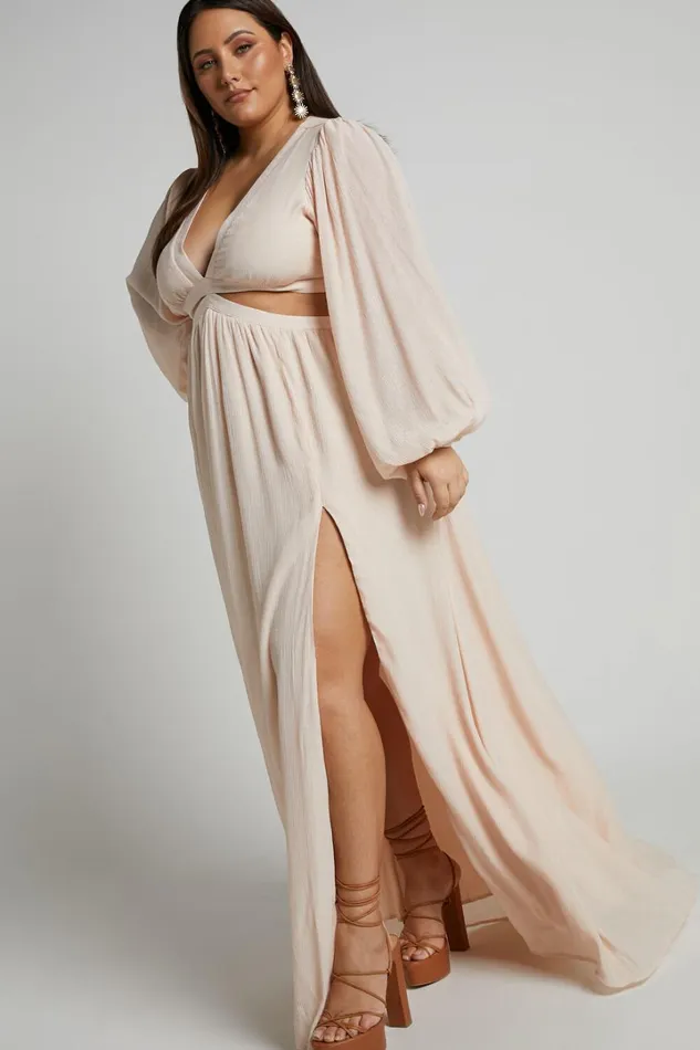 Paige Maxi Dress 8211 Side Cut Out Balloon Sleeve Dress In Neutral Women Showpo Curve Clothes