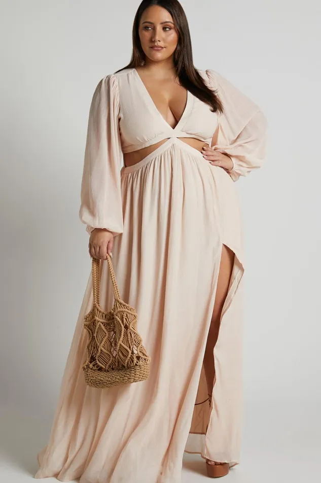 Paige Maxi Dress 8211 Side Cut Out Balloon Sleeve Dress In Neutral Women Showpo Curve Clothes