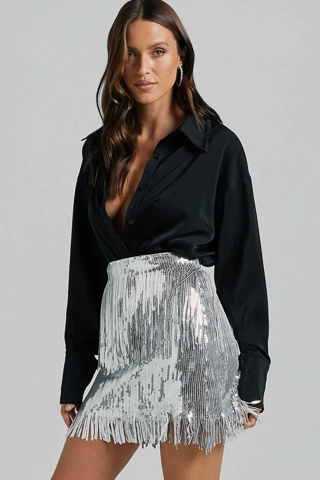 Paris Mini Skirt 8211 Sequin Fringe High Waisted Skirt In Silver Women Showpo Skirts