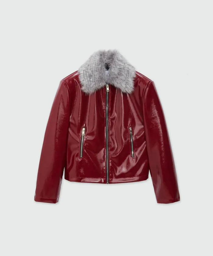 Patent Leather Jacket With Removable FauxFur Collar Women MSGM Jackets And Coats