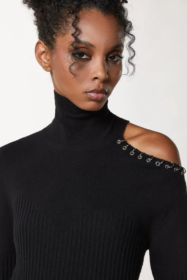 Patrizia Pepe Black Piercing Cutout Sweater Nero Apparel Sweaters