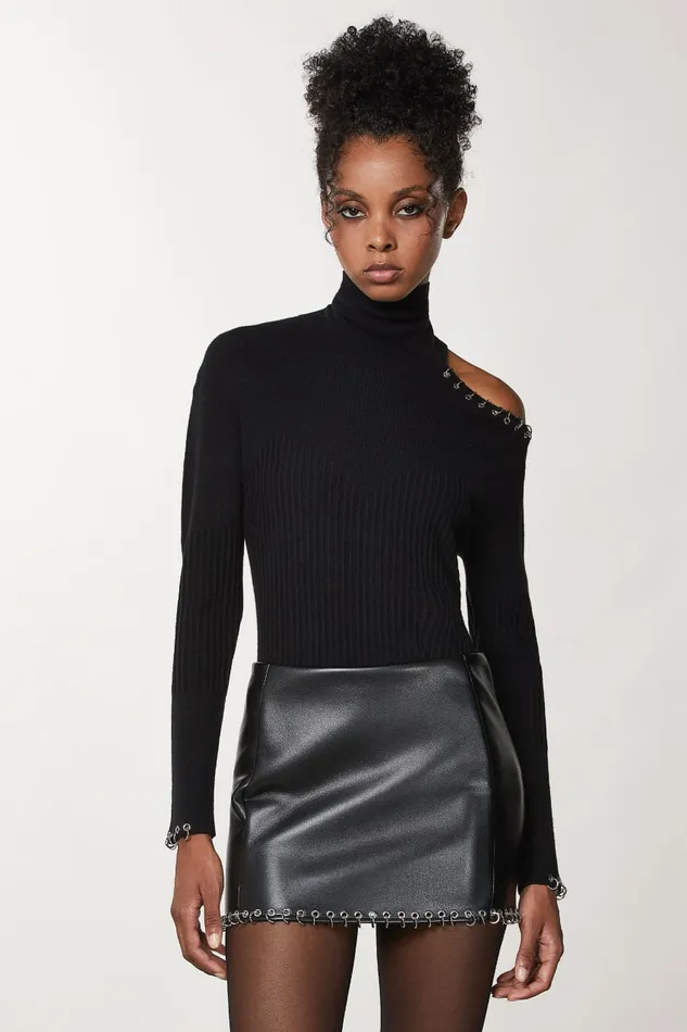 Patrizia Pepe Black Piercing Cutout Sweater Nero Apparel Sweaters