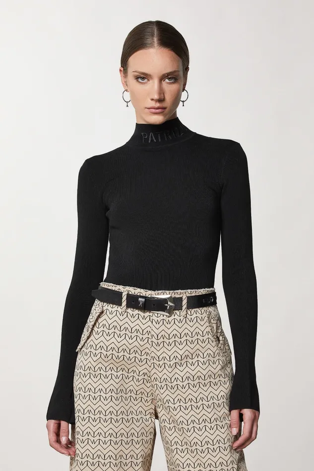 Patrizia Pepe Black Turtleneck With Logo Nero Apparel Sweaters