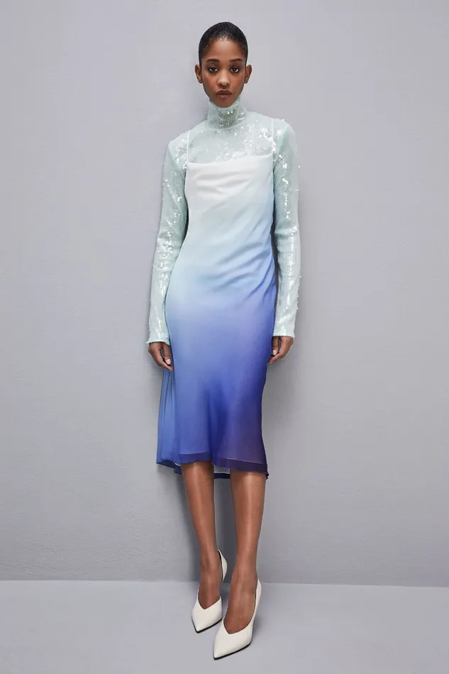 Patrizia Pepe Chiffon Dropneck Midi Dress Light Blue Waveprintdegrad Apparel Midi