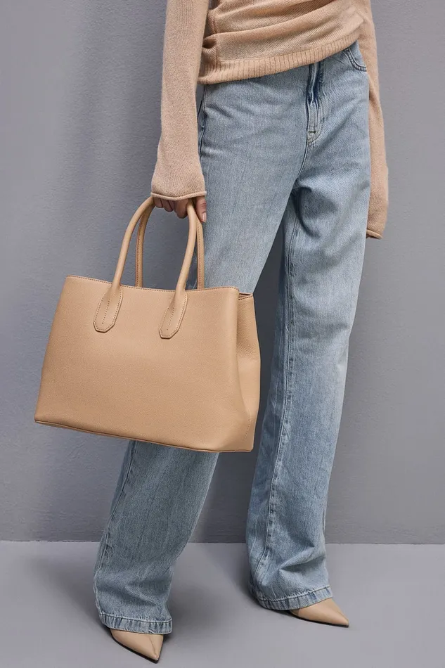 Patrizia Pepe Fly Leather Shopping Bag With Shoulder Strap Beige Pompei Beige Bags Shoppers